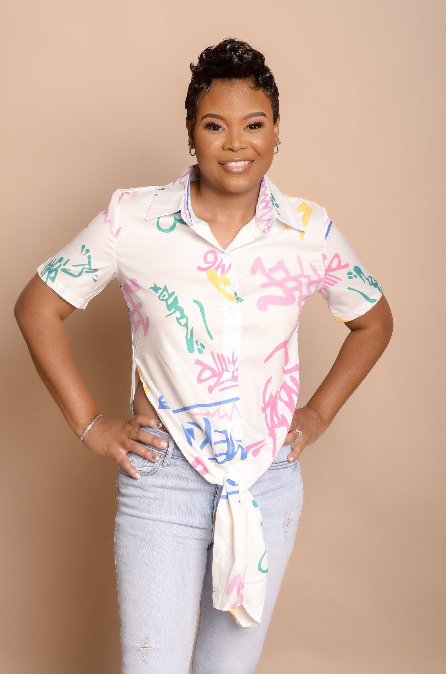 Graffiti top for evening wear with jeans