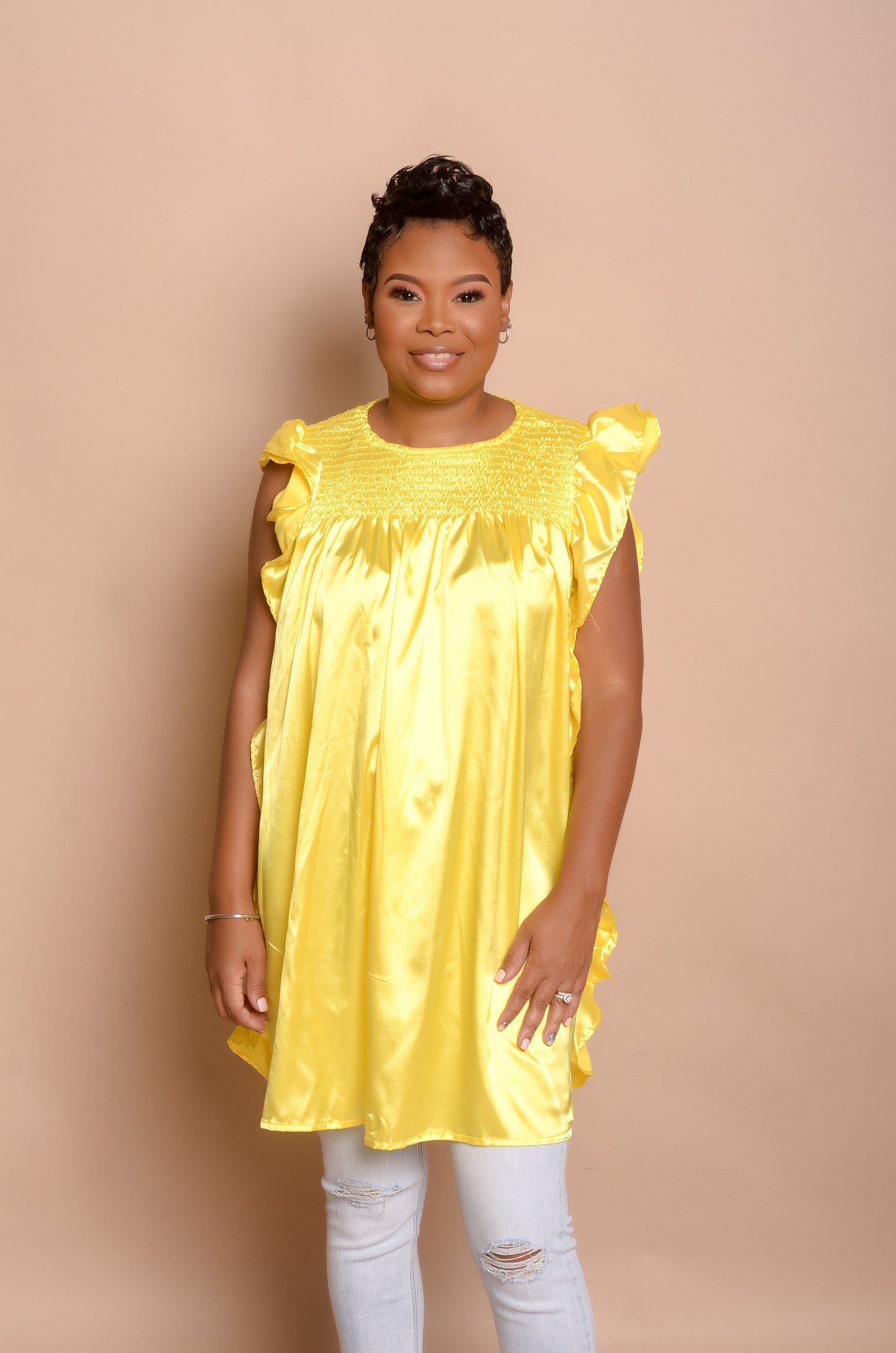 Sunshine yellow satin top worn by model