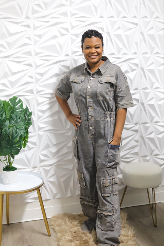 Date Night Denim Cargo Jumpsuit