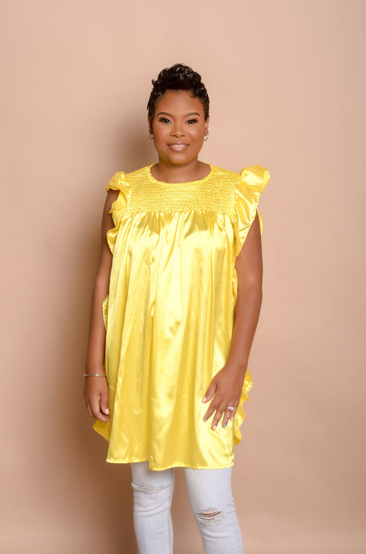 Sunshine yellow satin top worn by model