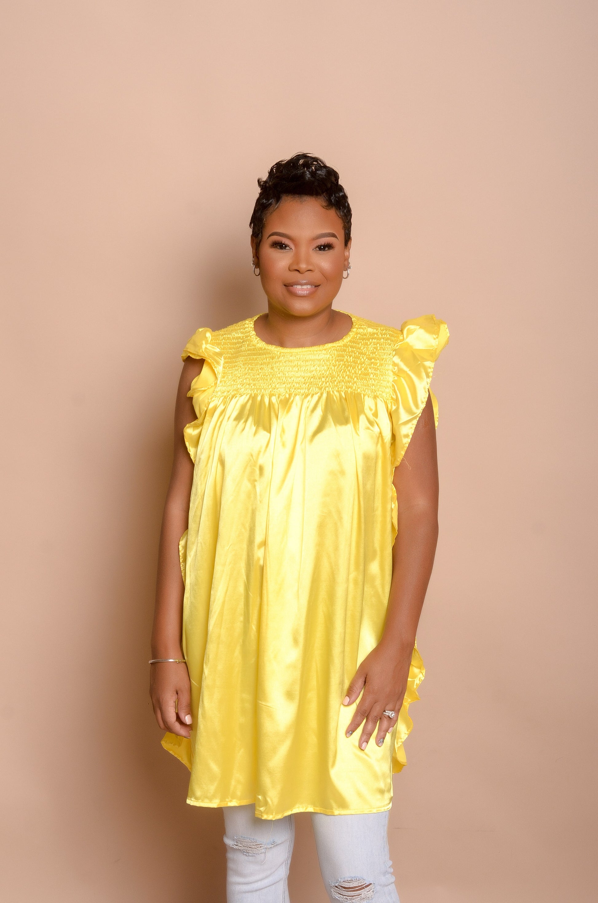 Model wearing yellow silk sunshine top